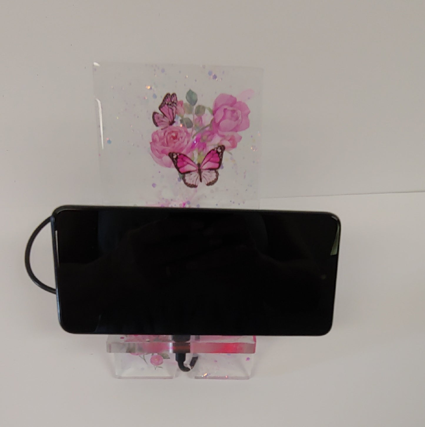 Women’s Custom Pink Phone Stand | Butterfly & Floral Design with Charging Slot