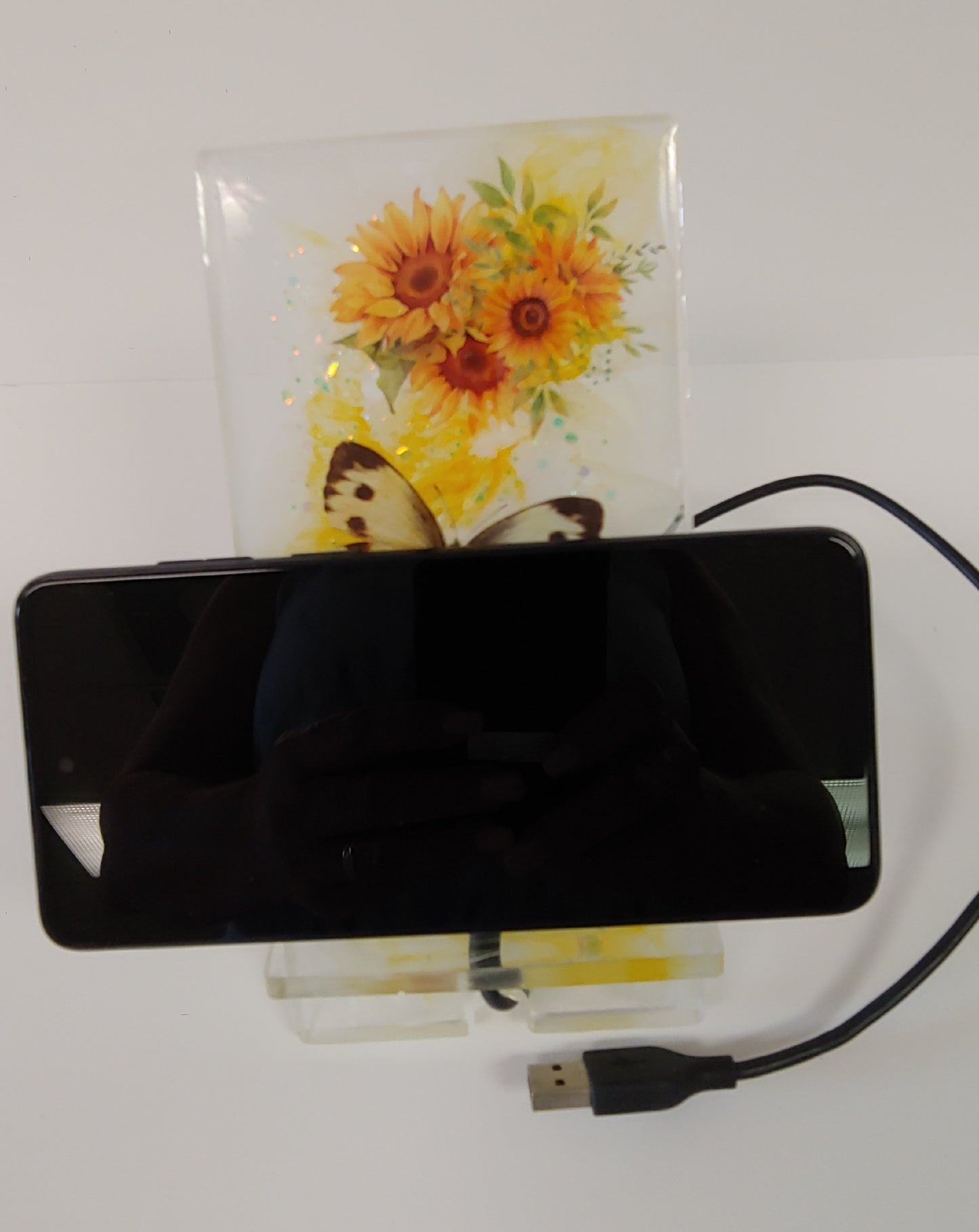 Women’s Custom Yellow Phone Stand | Butterfly & Floral Design with Charging Slot
