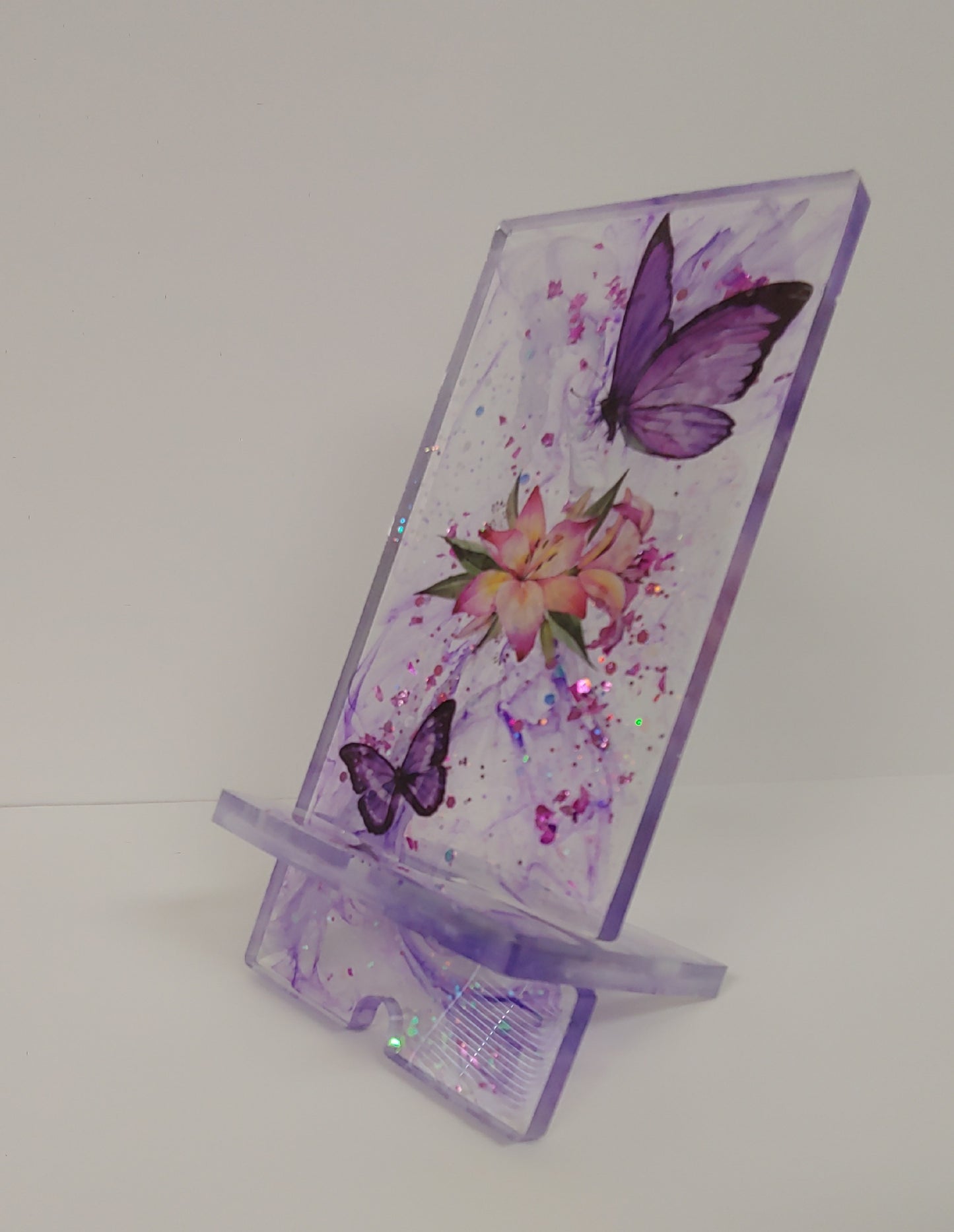 Women’s Custom Purple Phone Stand | Butterfly & Floral Design with Charging Slot