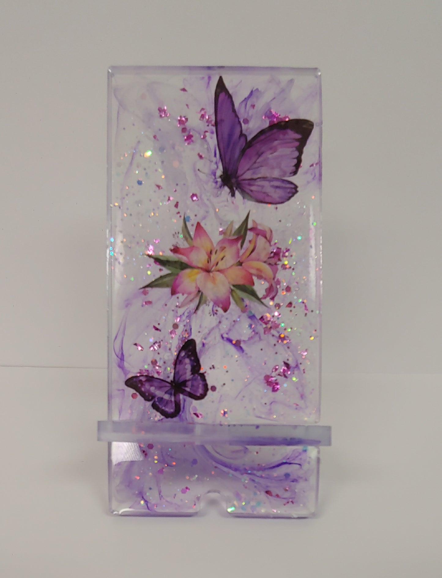Women’s Custom Purple Phone Stand | Butterfly & Floral Design with Charging Slot