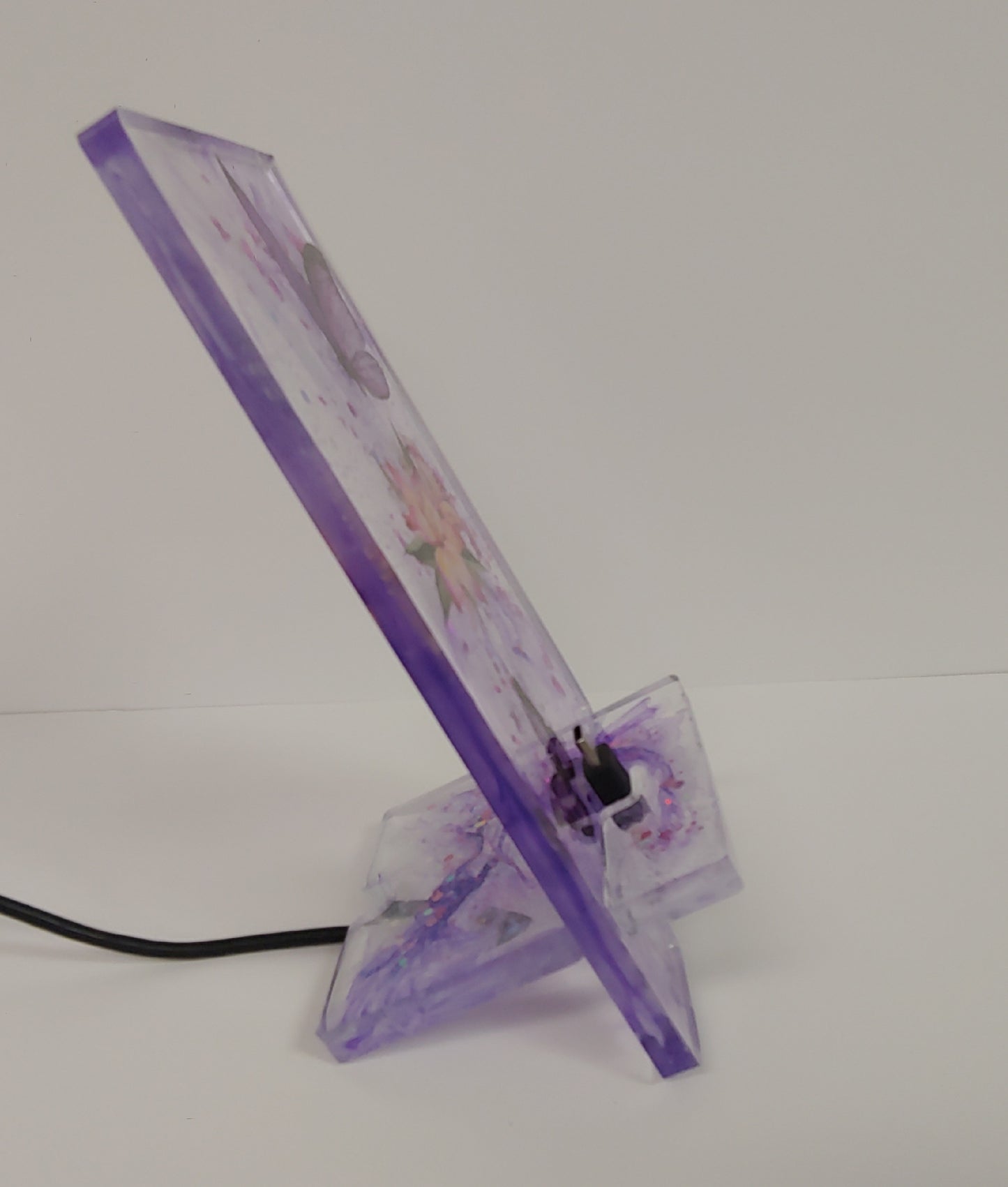 Women’s Custom Purple Phone Stand | Butterfly & Floral Design with Charging Slot