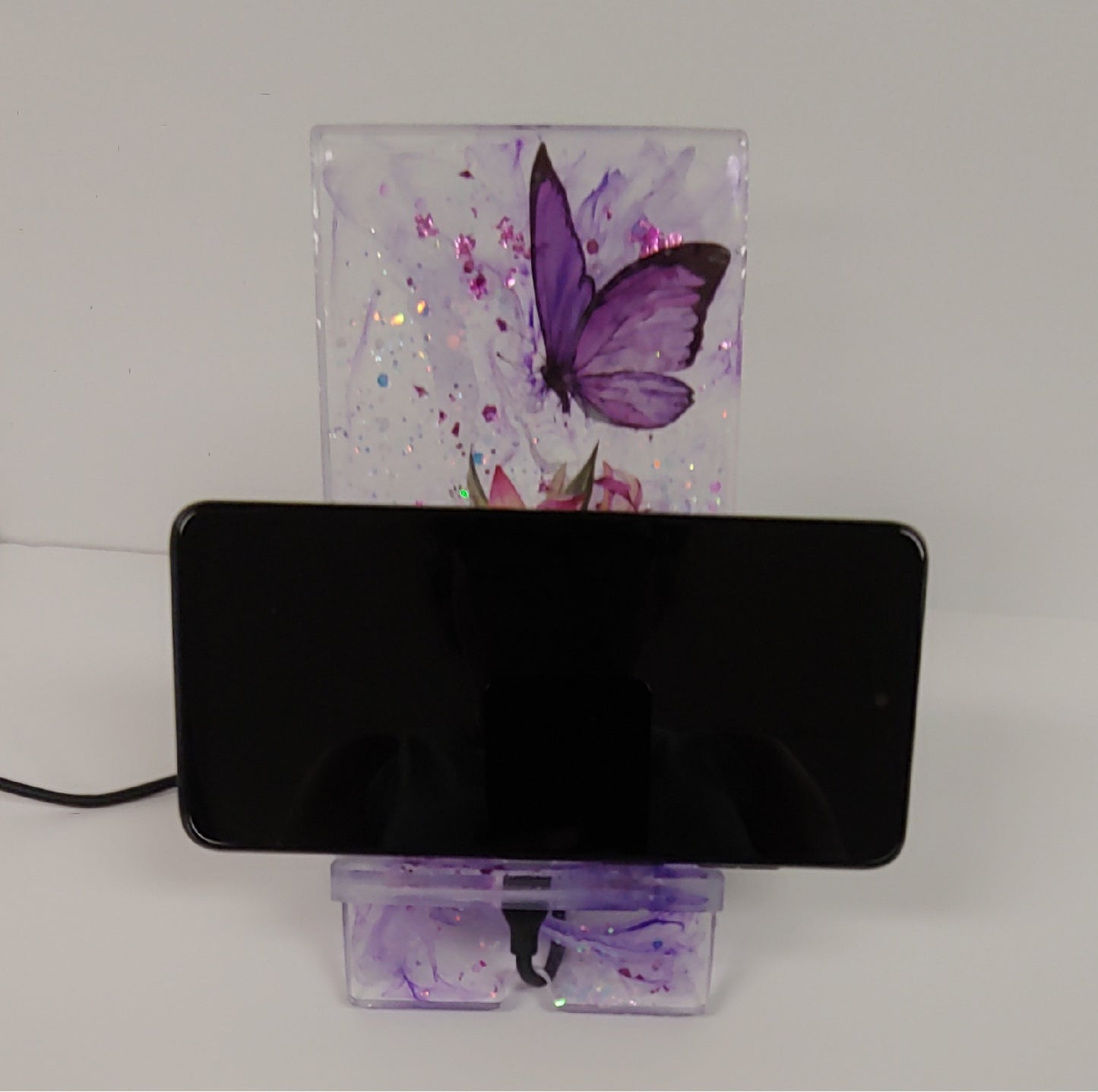 Women’s Custom Purple Phone Stand | Butterfly & Floral Design with Charging Slot