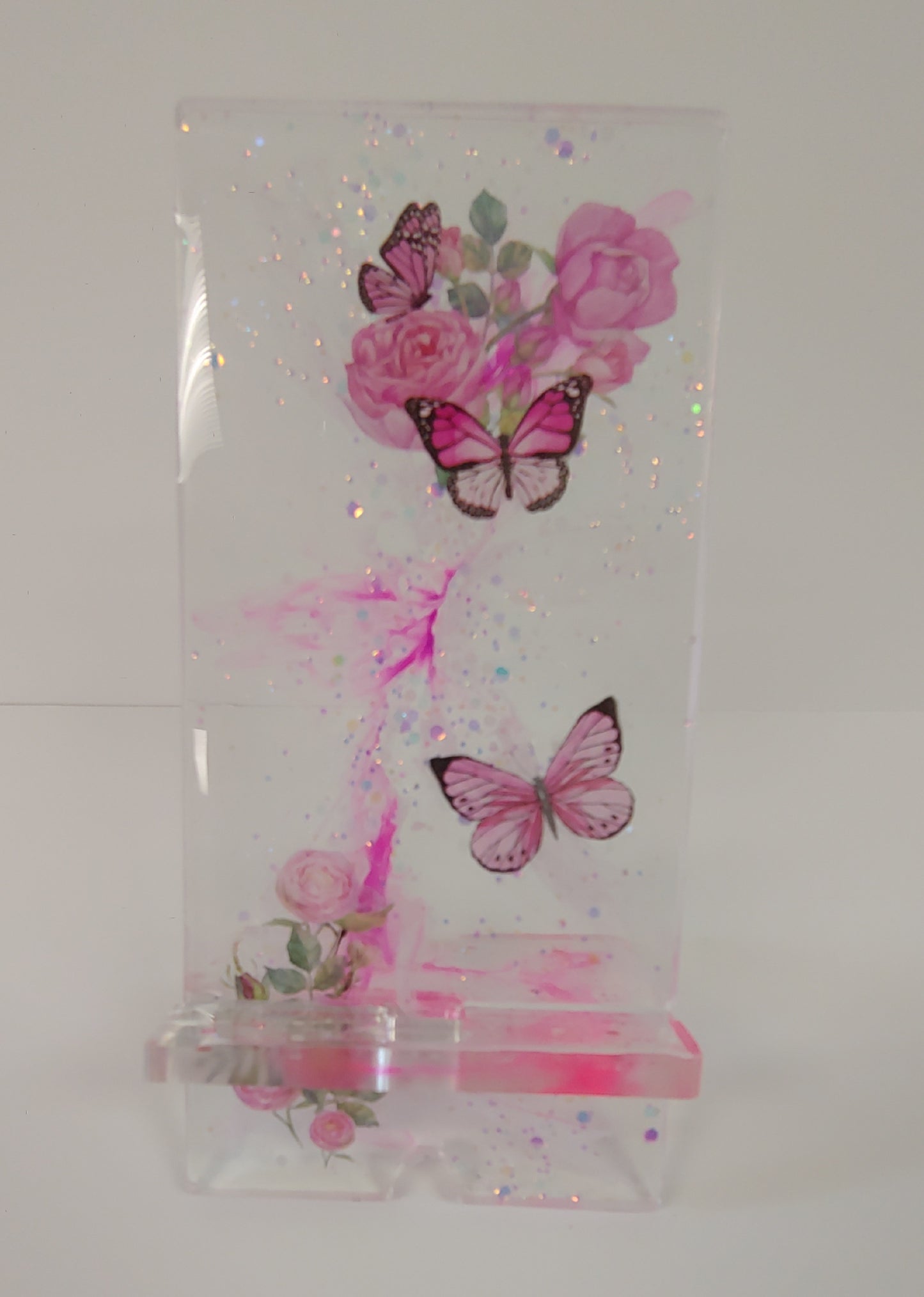 Women’s Custom Pink Phone Stand | Butterfly & Floral Design with Charging Slot
