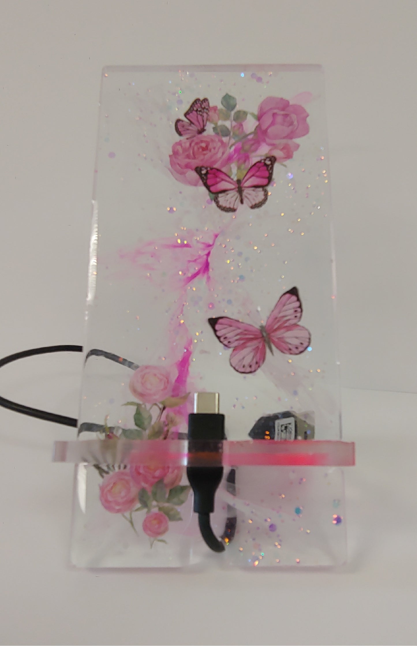Women’s Custom Pink Phone Stand | Butterfly & Floral Design with Charging Slot