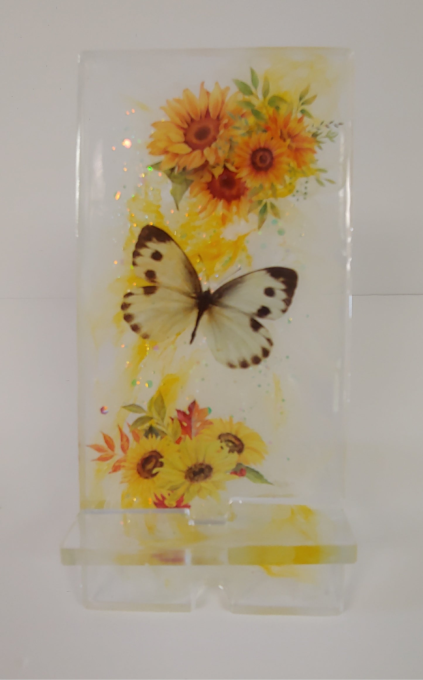 Women’s Custom Yellow Phone Stand | Butterfly & Floral Design with Charging Slot