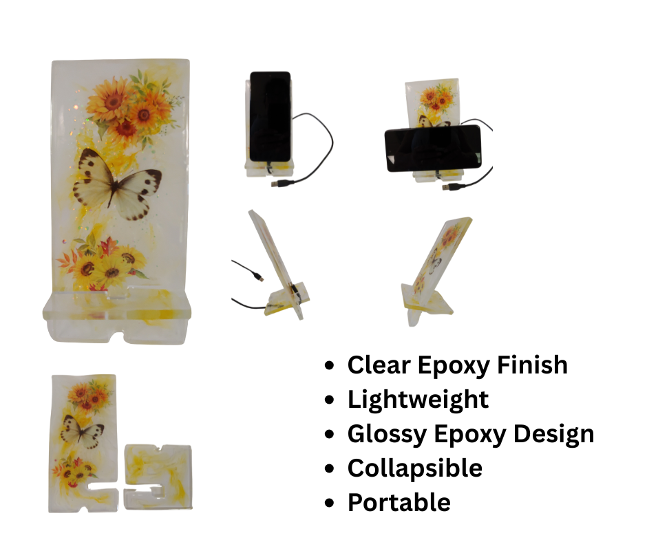 Women’s Custom Yellow Phone Stand | Butterfly & Floral Design with Charging Slot