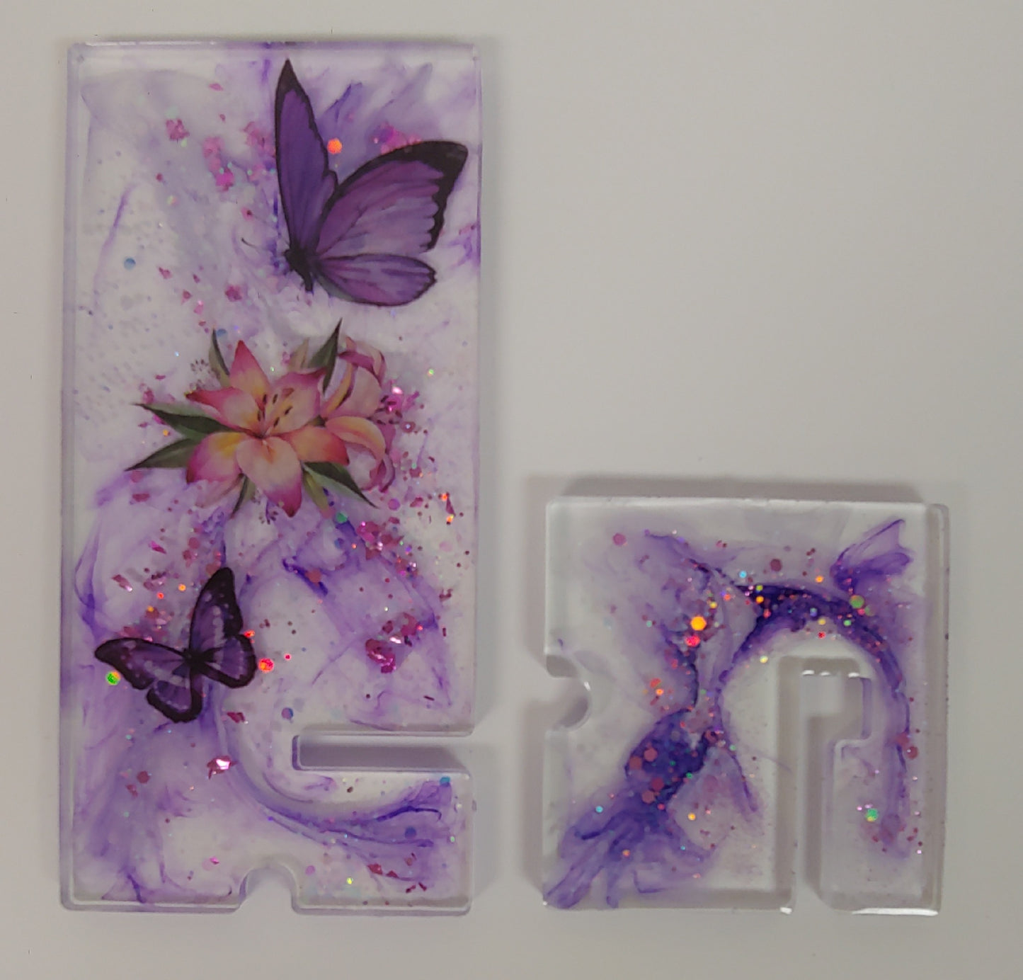 Women’s Custom Purple Phone Stand | Butterfly & Floral Design with Charging Slot